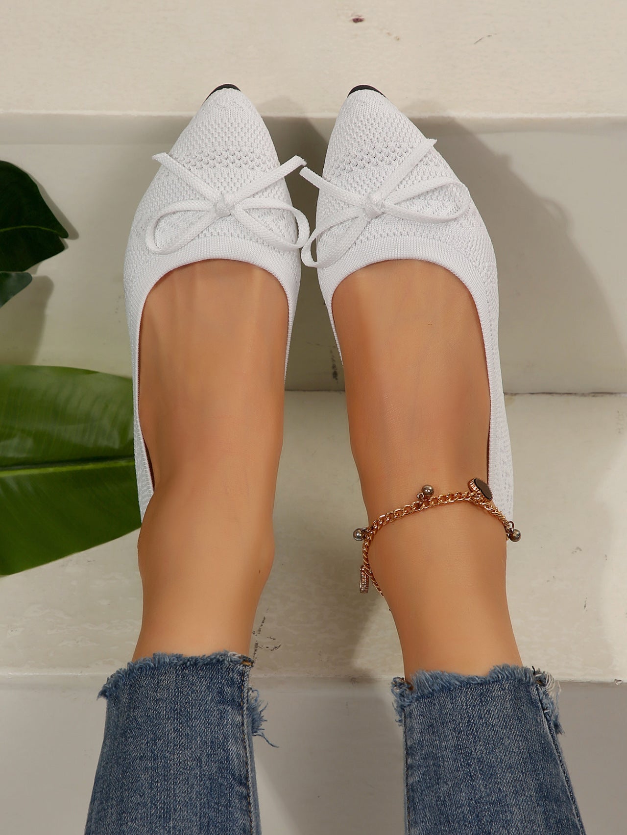 Bow Knitted Loafers – Pointed-Toe Flat Shoes for Women