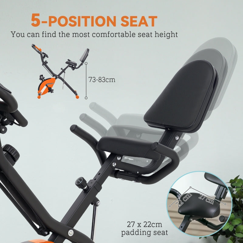 SPORTNOW Five-in-one Foldable Exercise Bike, Stationary Bike With Arm Workout Bands, LDC Monitor, Phone Holder, Orange