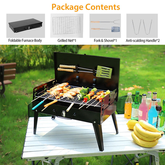 Portable Charcoal BBQ Grill - Foldable Barbecue Tool Box with Stand