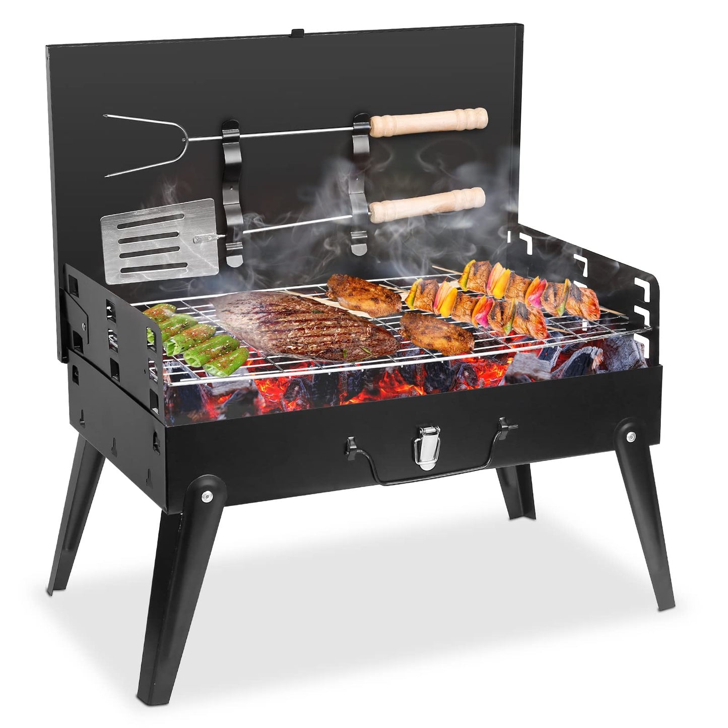 Portable Charcoal BBQ Grill - Foldable Barbecue Tool Box with Stand