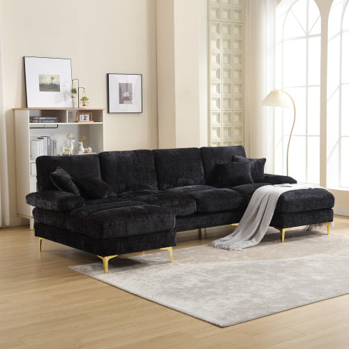 GOMYWAY U-Shaped Sectional Sofa with Double Chaise - 4 Seater Modular Chenille Fabric Couch 272cm for Living Room with Cushions (Black/Grey/Beige)