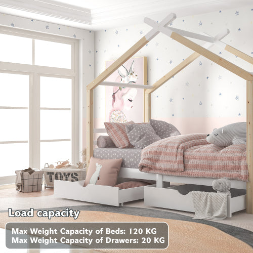 Kids House Bed Frame 3FT Single with Storage Drawers - Solid Pine Wood Tree Canopy Toddler Bed 90x190cm with Safety Rails for Girls & Boys (Natural Wood)