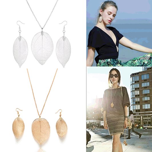 Natural Real Leaf Long Necklace And Earrings Set - European Style Botanical Jewellery