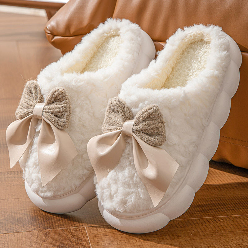 Bow Plush Indoor Slippers for Couples – Non-Slip Winter Warm Home Shoes