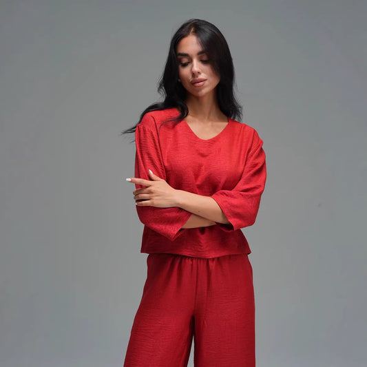 Women's Casual Two-Piece Set Fashionable Solid-Color Loose Cropped-Sleeve Wide-Leg Pants Suit