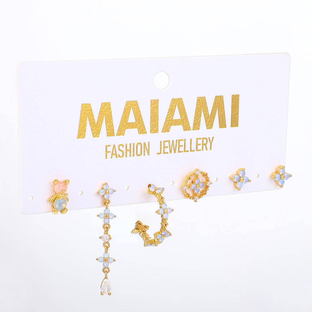 Light Luxury Blue Suit Bear Ear Studs Real Gold Plated Camellia Earrings | UK