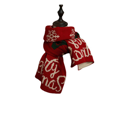 Red Knitted Scarf With Elk Print And Snowflake Pattern Designed For Warmth