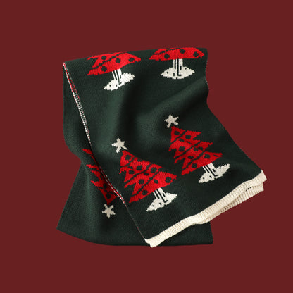 Red Knitted Scarf With Elk Print And Snowflake Pattern Designed For Warmth