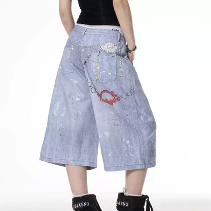 Retro Color Chain Printed Denim Shorts For Women