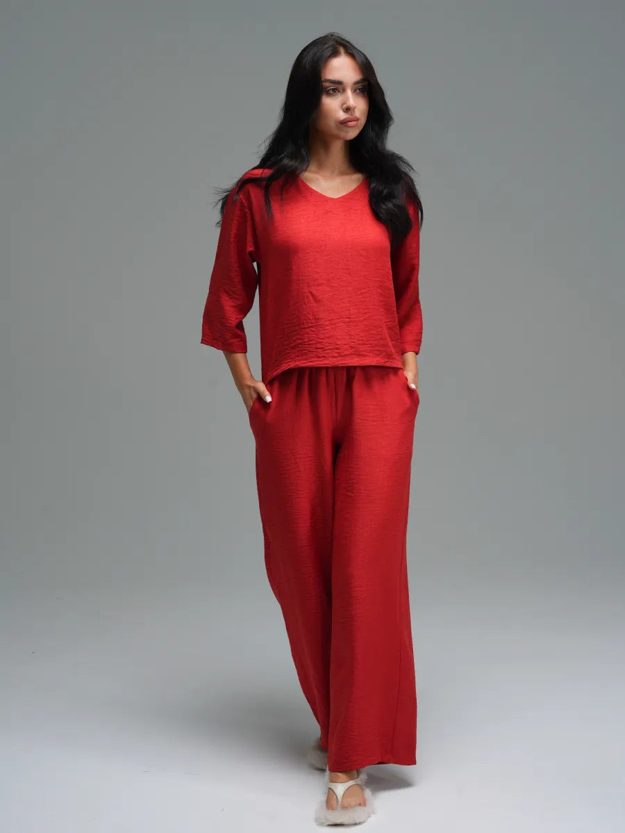 Women's Casual Two-Piece Set Fashionable Solid-Color Loose Cropped-Sleeve Wide-Leg Pants Suit