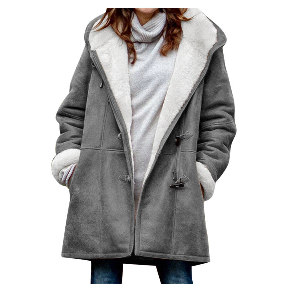Women's Winter Button Coat - Warm Hooded Jacket with Pockets UK