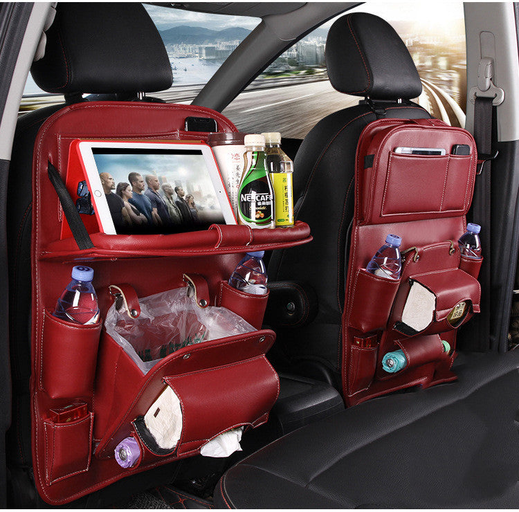 PU Leather Car Storage Bag - Seat Back Organizer with Trash Can