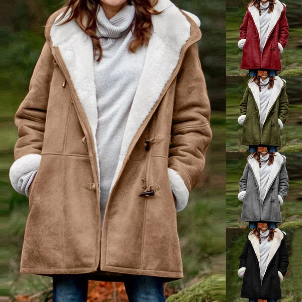 Women's Winter Button Coat - Warm Hooded Jacket with Pockets UK
