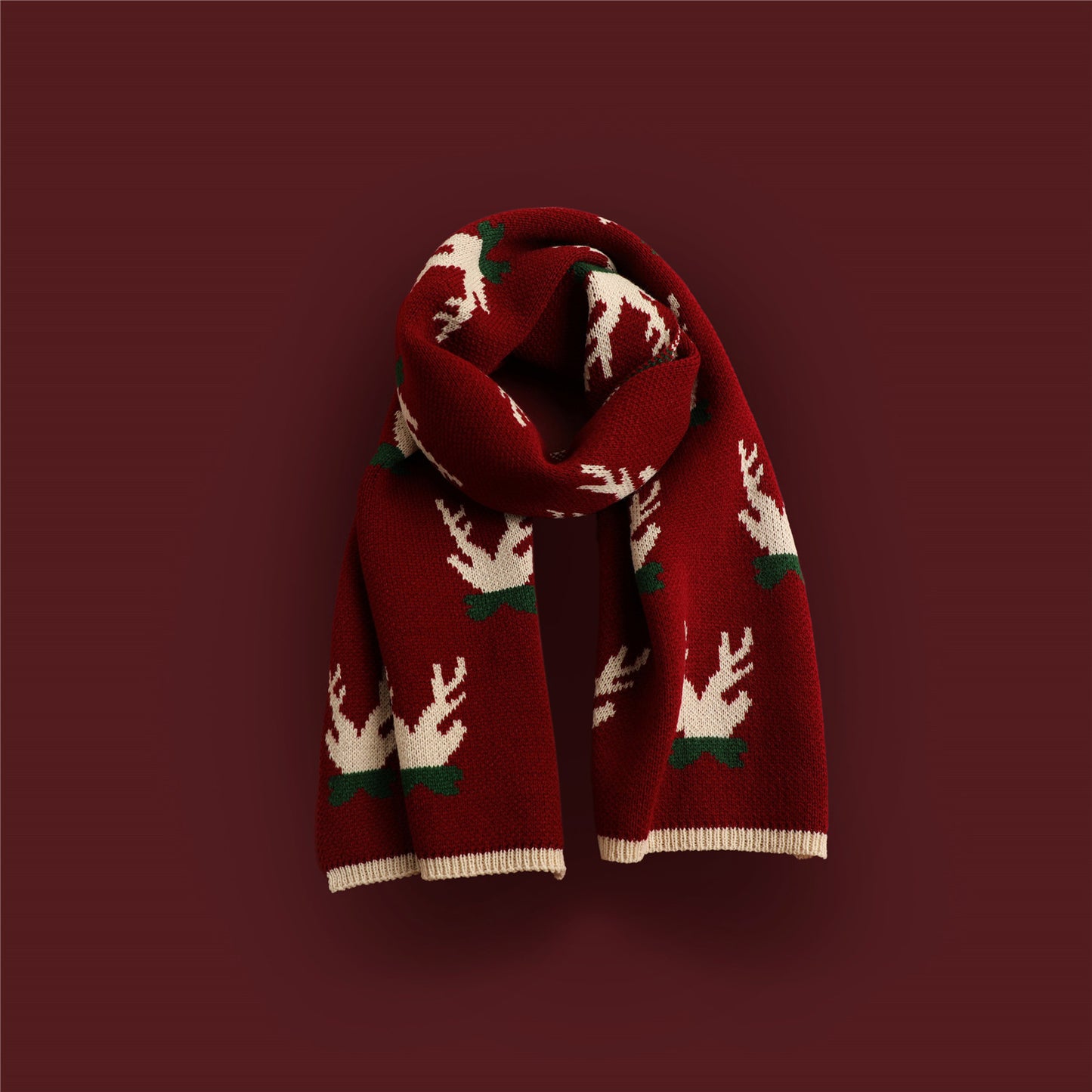 Red Knitted Scarf With Elk Print And Snowflake Pattern Designed For Warmth