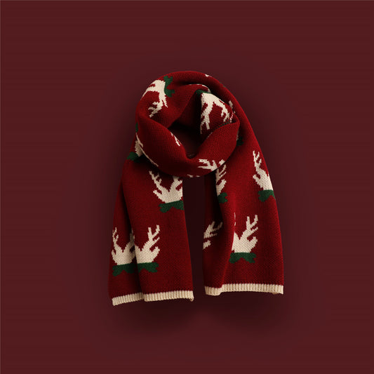 Red Knitted Scarf With Elk Print And Snowflake Pattern Designed For Warmth