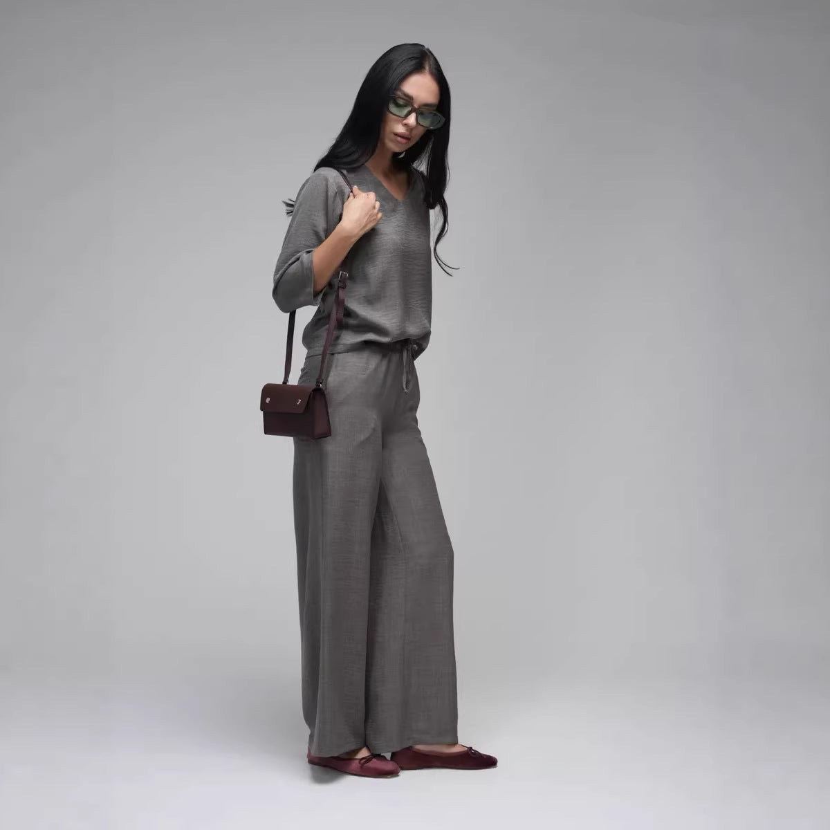 Women's Casual Two-Piece Set Fashionable Solid-Color Loose Cropped-Sleeve Wide-Leg Pants Suit