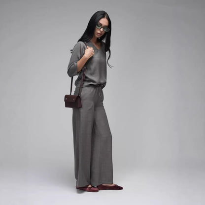 Women's Casual Two-Piece Set Fashionable Solid-Color Loose Cropped-Sleeve Wide-Leg Pants Suit