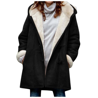Women's Winter Button Coat - Warm Hooded Jacket with Pockets UK