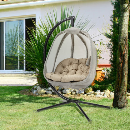 Outsunny Hanging Egg Chair, Folding Texteline Swing Hammock With Side Pocket, Cushion And Stand For Indoor Outdoor, Patio Garden Furniture, Khaki