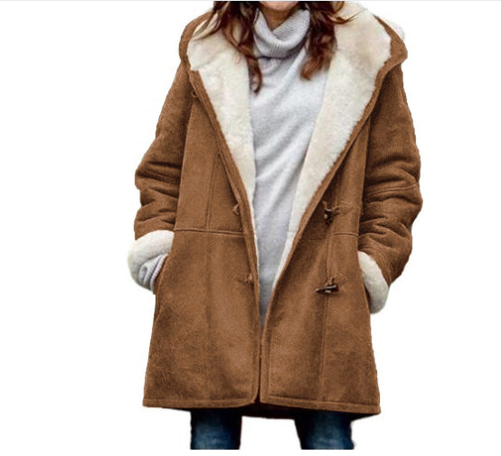Women's Winter Button Coat - Warm Hooded Jacket with Pockets UK