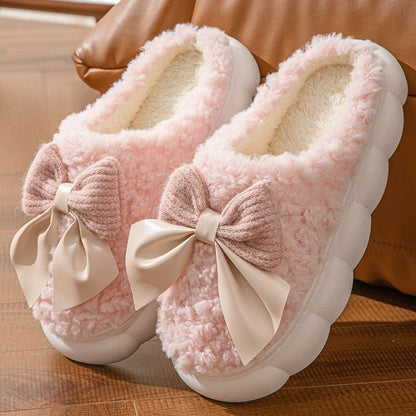 Bow Plush Indoor Slippers for Couples – Non-Slip Winter Warm Home Shoes