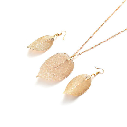Natural Real Leaf Long Necklace And Earrings Set - European Style Botanical Jewellery