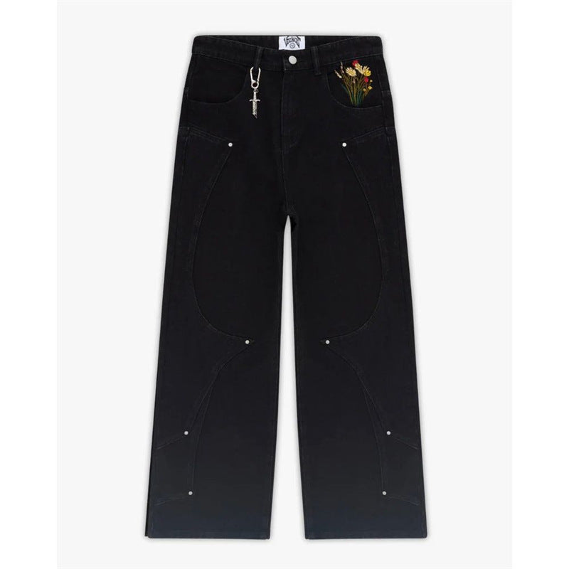 Black Jeans With Embroidered Silver Knight Armor