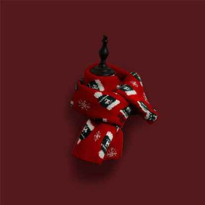 Red Knitted Scarf With Elk Print And Snowflake Pattern Designed For Warmth