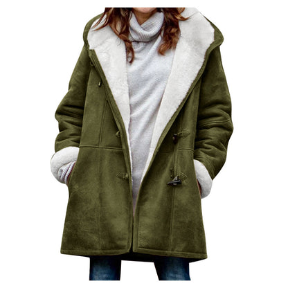Women's Winter Button Coat - Warm Hooded Jacket with Pockets UK