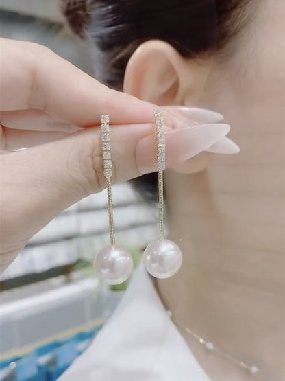 925 Silver Needle High-End Pearl Tassel Earrings Gold Rhinestone | UK