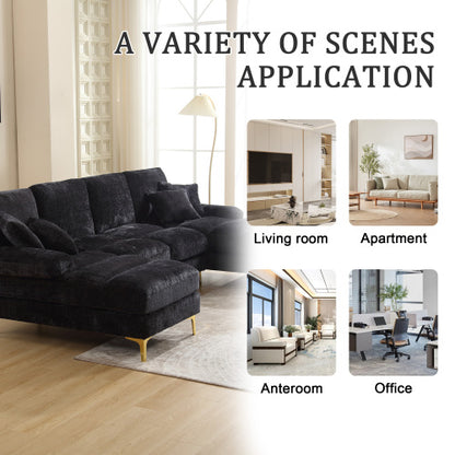 GOMYWAY U-Shaped Sectional Sofa with Double Chaise - 4 Seater Modular Chenille Fabric Couch 272cm for Living Room with Cushions (Black/Grey/Beige)