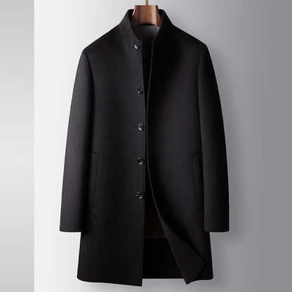 Men's Mid-Length Handmade Wool Coat With Stand Collar