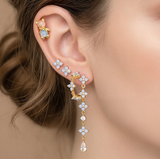 Light Luxury Blue Suit Bear Ear Studs Real Gold Plated Camellia Earrings | UK