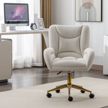 Velvet Office Chair Adjustable Height Swivel - Ivory with Gold Legs