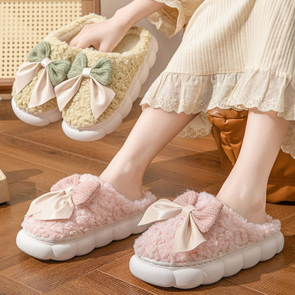 Bow Plush Indoor Slippers for Couples – Non-Slip Winter Warm Home Shoes