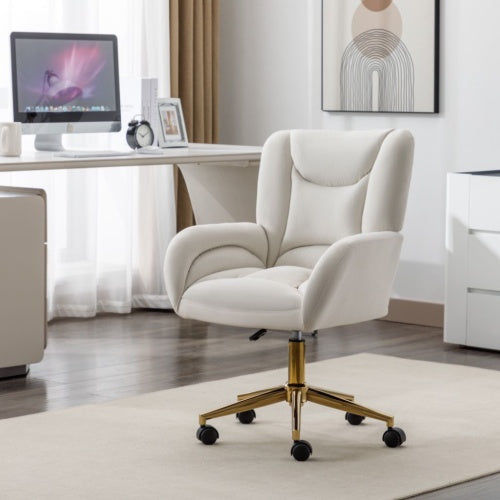 Velvet Office Chair Adjustable Height Swivel - Ivory with Gold Legs