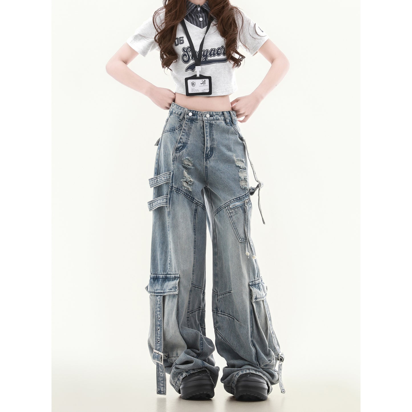 Women's Straight Loose Multi-pocket Cargo Jeans