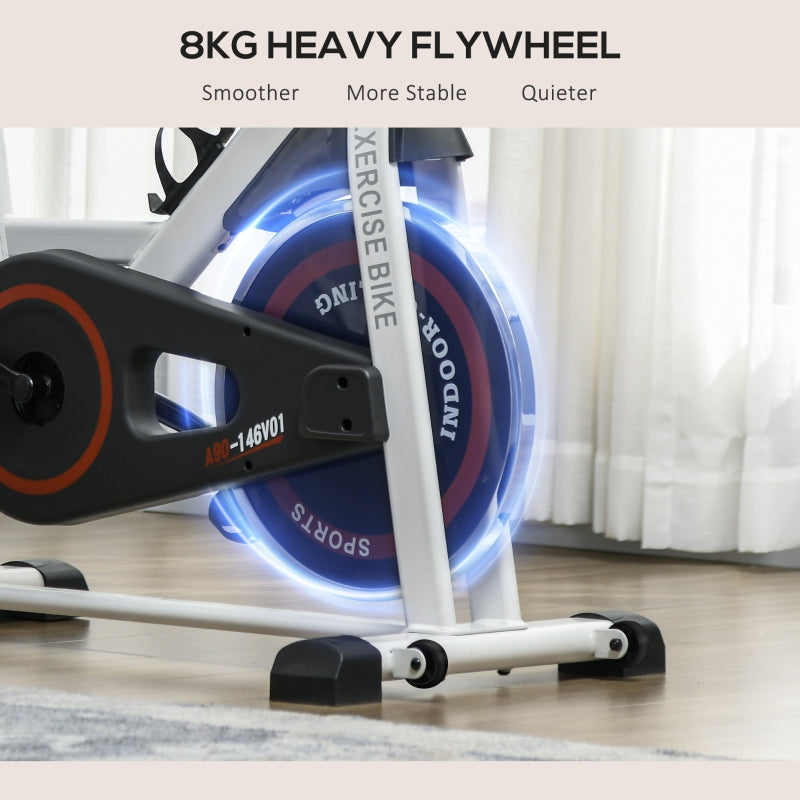 HOMCOM Exercise Bike, 8kg Flywheel Stationary Bike Indoor Cycling Machine With Adjustable Resistance Seat Handlebar, White