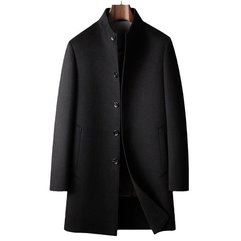 Men's Mid-Length Handmade Wool Coat With Stand Collar