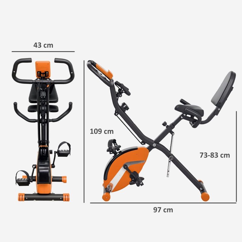 SPORTNOW Five-in-one Foldable Exercise Bike, Stationary Bike With Arm Workout Bands, LDC Monitor, Phone Holder, Orange