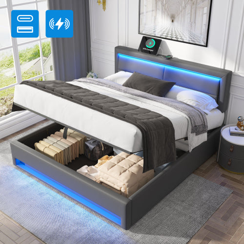 Grey King Size Upholstered Bed Frame 150x200cm with LED Lights, Wireless Charging USB Ports & Under Bed Storage - 5ft Double Bed Frame with Adjustable Headboard, No Mattress