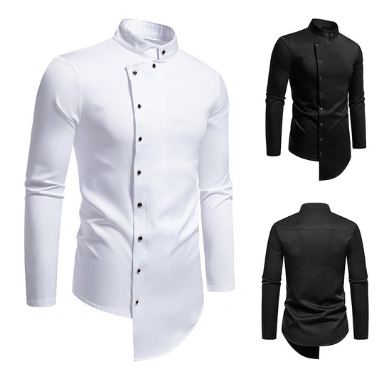 Fashionable Irregular Hem Stand Collar Men's Long-Sleeve Shirt