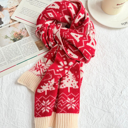 Red Knitted Scarf With Elk Print And Snowflake Pattern Designed For Warmth