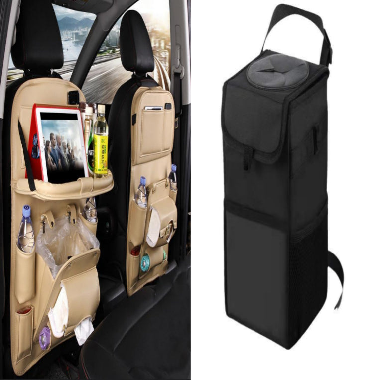 PU Leather Car Storage Bag - Seat Back Organizer with Trash Can