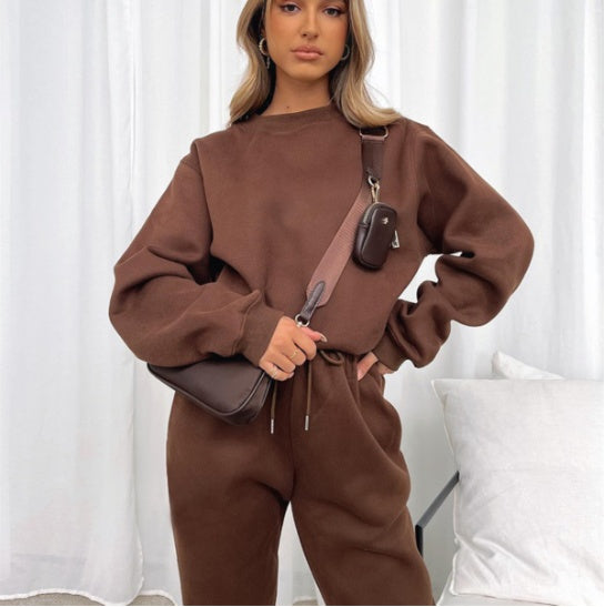 Solid Color Round Neck Pullover, Long Pants And Long Sleeve Hoodie Set