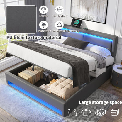 Grey King Size Upholstered Bed Frame 150x200cm with LED Lights, Wireless Charging USB Ports & Under Bed Storage - 5ft Double Bed Frame with Adjustable Headboard, No Mattress