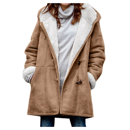 Women's Winter Button Coat - Warm Hooded Jacket with Pockets UK
