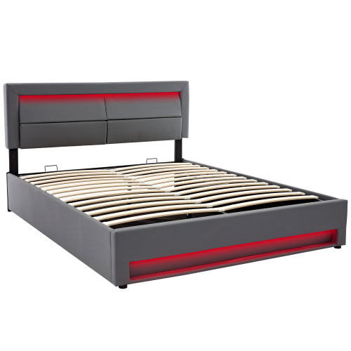 Grey King Size Upholstered Bed Frame 150x200cm with LED Lights, Wireless Charging USB Ports & Under Bed Storage - 5ft Double Bed Frame with Adjustable Headboard, No Mattress