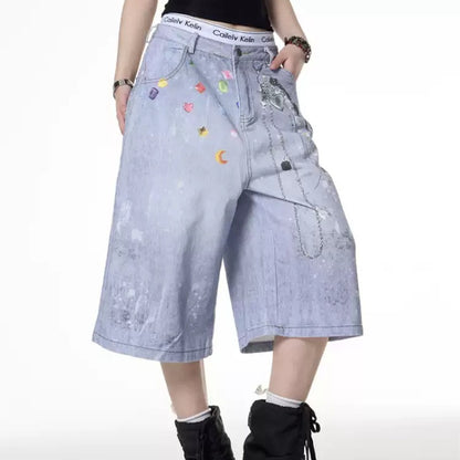 Retro Color Chain Printed Denim Shorts For Women