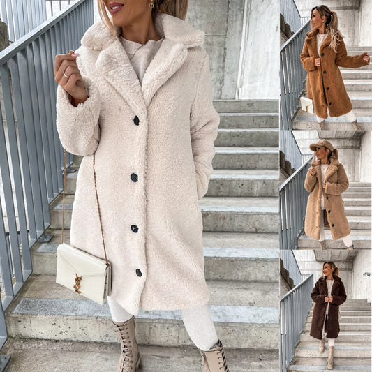 Women's Plush Lapel Jacket - Minimalist Winter Coat